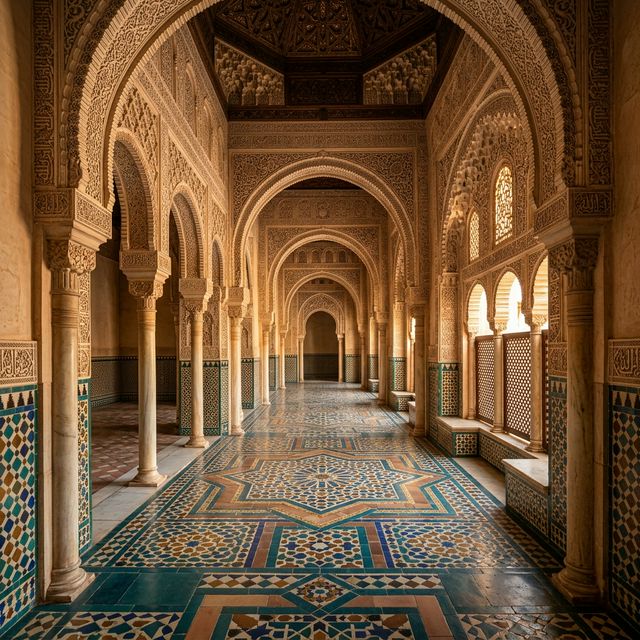 Stunning Islamic architectural corridor with intricate geometric patterns