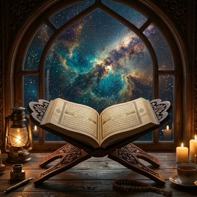 The Quran alongside imagery of the cosmos and natural world